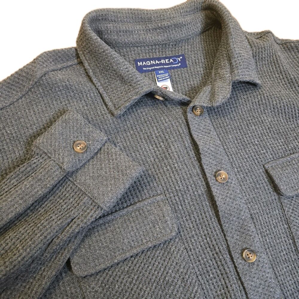 MagnaReady Men's XXL Gray Waffle Weave Magnetic Closure Lumberjack Long Sleeve